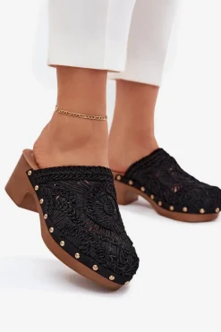 Damskie Boto Szydełkowe Klapki Damskie Na Obcasie Czarne Senevia