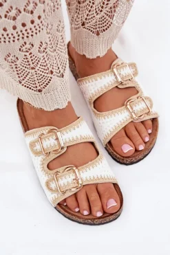 Damskie Boto Szydełkowe Klapki Damskie Ze Złotymi Klamrami Białe Fenira