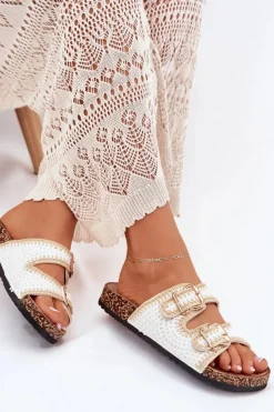 Damskie Boto Szydełkowe Klapki Damskie Ze Złotymi Klamrami Białe Fenira