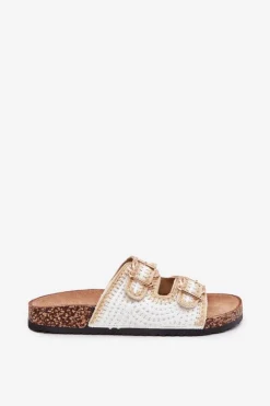 Damskie Boto Szydełkowe Klapki Damskie Ze Złotymi Klamrami Białe Fenira