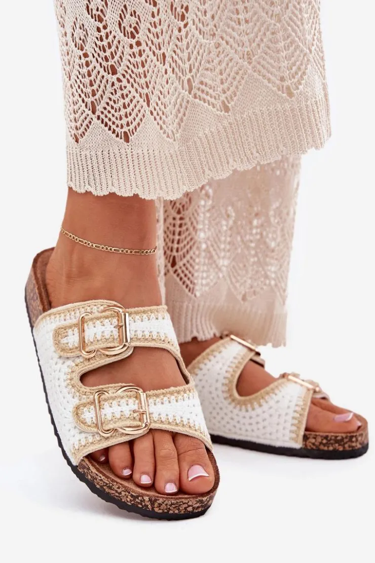 Damskie Boto Szydełkowe Klapki Damskie Ze Złotymi Klamrami Białe Fenira