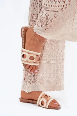 New Boto Szydełkowe Klapki Damskie Na Płaskim Obcasie Beżowe Nirina Beżowy