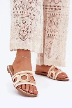 New Boto Szydełkowe Klapki Damskie Na Płaskim Obcasie Beżowe Nirina Beżowy