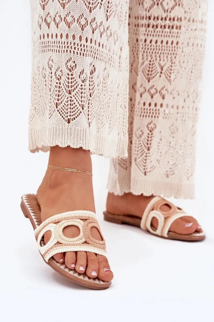 New Boto Szydełkowe Klapki Damskie Na Płaskim Obcasie Beżowe Nirina Beżowy