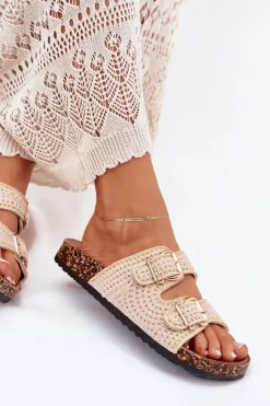 Damskie Boto Szydełkowe Klapki Damskie Ze Złotymi Klamrami Beżowe Fenira