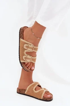 Boto Klapki Korkowe|Klapki Na Platformie*Szydełkowe Klapki Damskie Ze Złotymi Klamrami Camel Fenira Brązowy