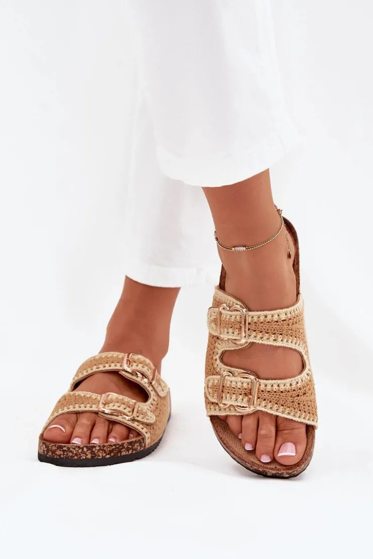 Boto Klapki Korkowe|Klapki Na Platformie*Szydełkowe Klapki Damskie Ze Złotymi Klamrami Camel Fenira Brązowy