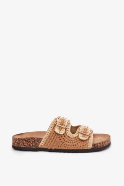 Boto Klapki Korkowe|Klapki Na Platformie*Szydełkowe Klapki Damskie Ze Złotymi Klamrami Camel Fenira Brązowy