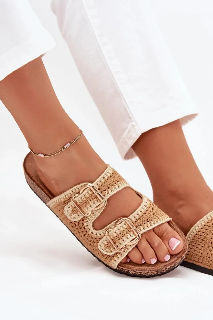 Boto Klapki Korkowe|Klapki Na Platformie*Szydełkowe Klapki Damskie Ze Złotymi Klamrami Camel Fenira Brązowy