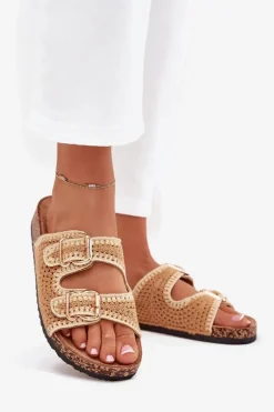 Boto Klapki Korkowe|Klapki Na Platformie*Szydełkowe Klapki Damskie Ze Złotymi Klamrami Camel Fenira Brązowy