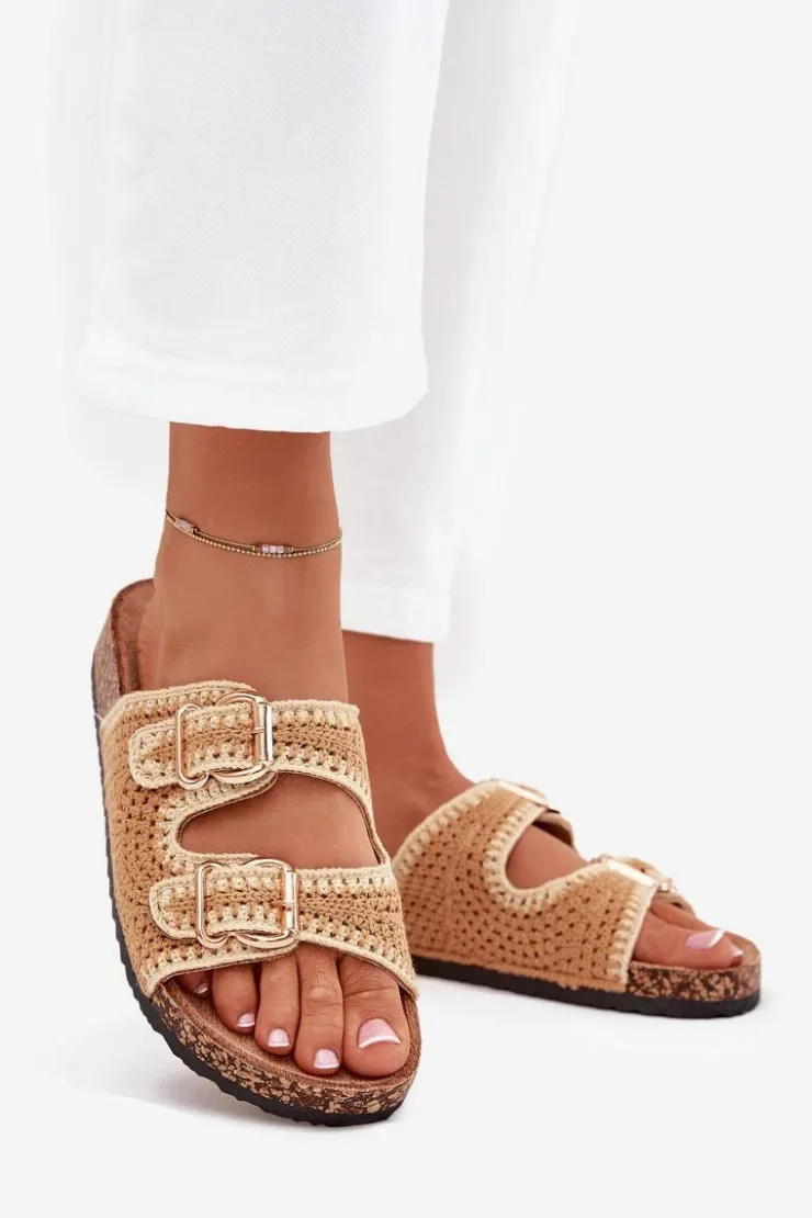 Boto Klapki Korkowe|Klapki Na Platformie*Szydełkowe Klapki Damskie Ze Złotymi Klamrami Camel Fenira Brązowy