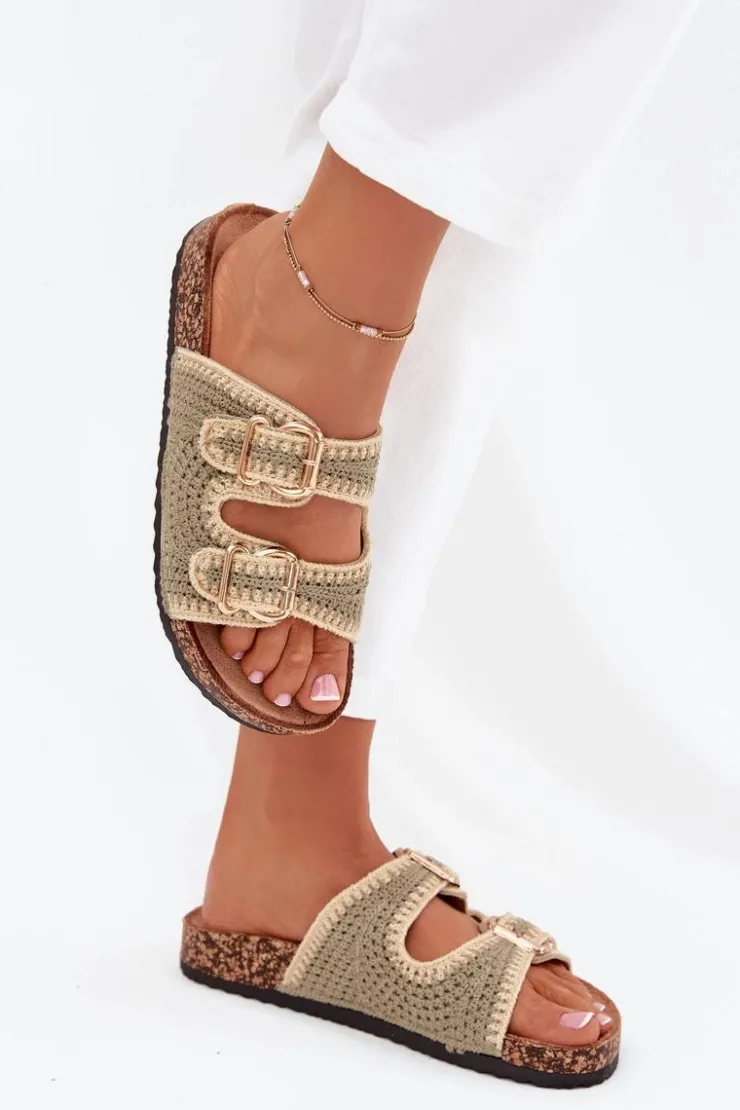 Damskie Boto Szydełkowe Klapki Damskie Ze Złotymi Klamrami Zielone Fenira