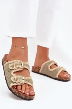 Damskie Boto Szydełkowe Klapki Damskie Ze Złotymi Klamrami Zielone Fenira