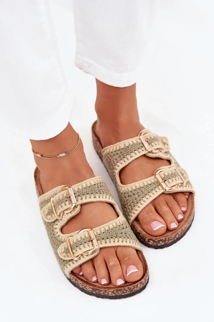 Damskie Boto Szydełkowe Klapki Damskie Ze Złotymi Klamrami Zielone Fenira