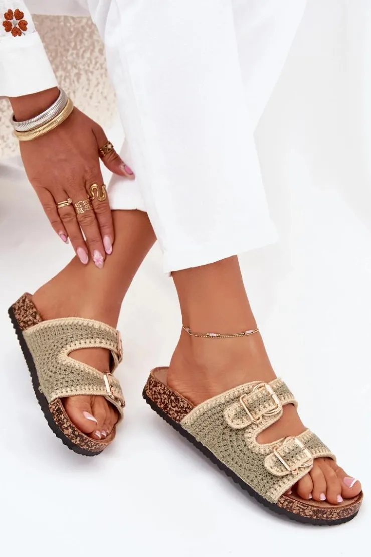 Damskie Boto Szydełkowe Klapki Damskie Ze Złotymi Klamrami Zielone Fenira