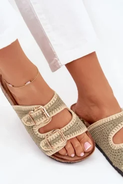 Damskie Boto Szydełkowe Klapki Damskie Ze Złotymi Klamrami Zielone Fenira