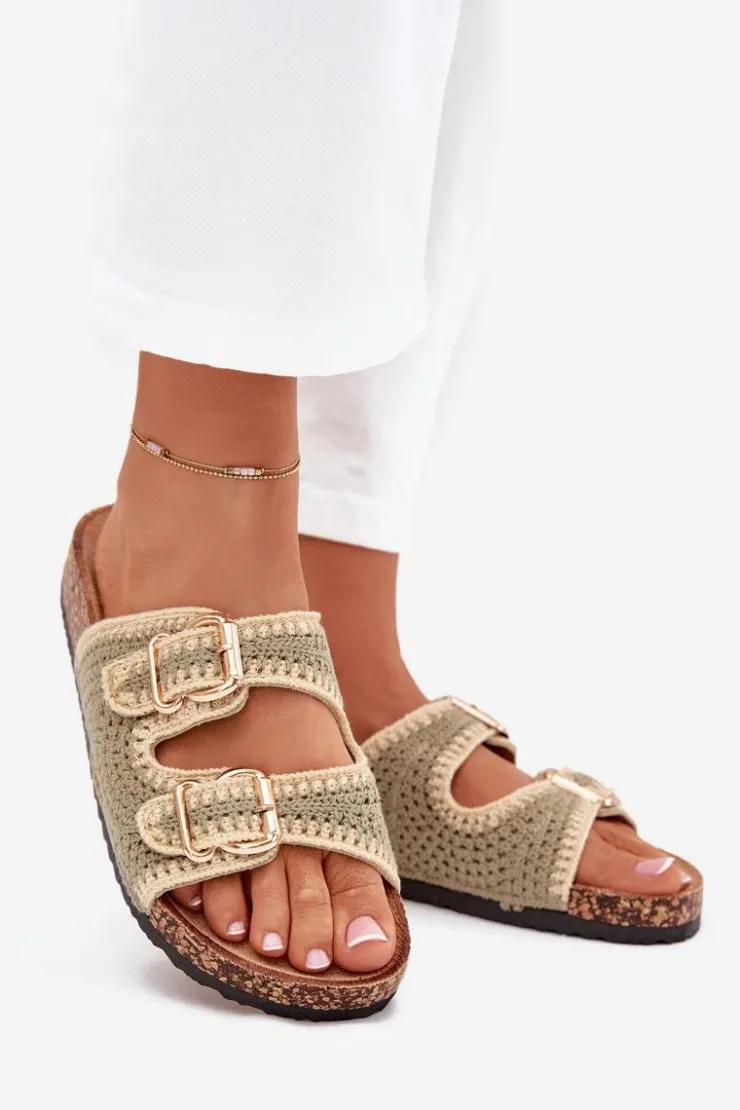 Damskie Boto Szydełkowe Klapki Damskie Ze Złotymi Klamrami Zielone Fenira