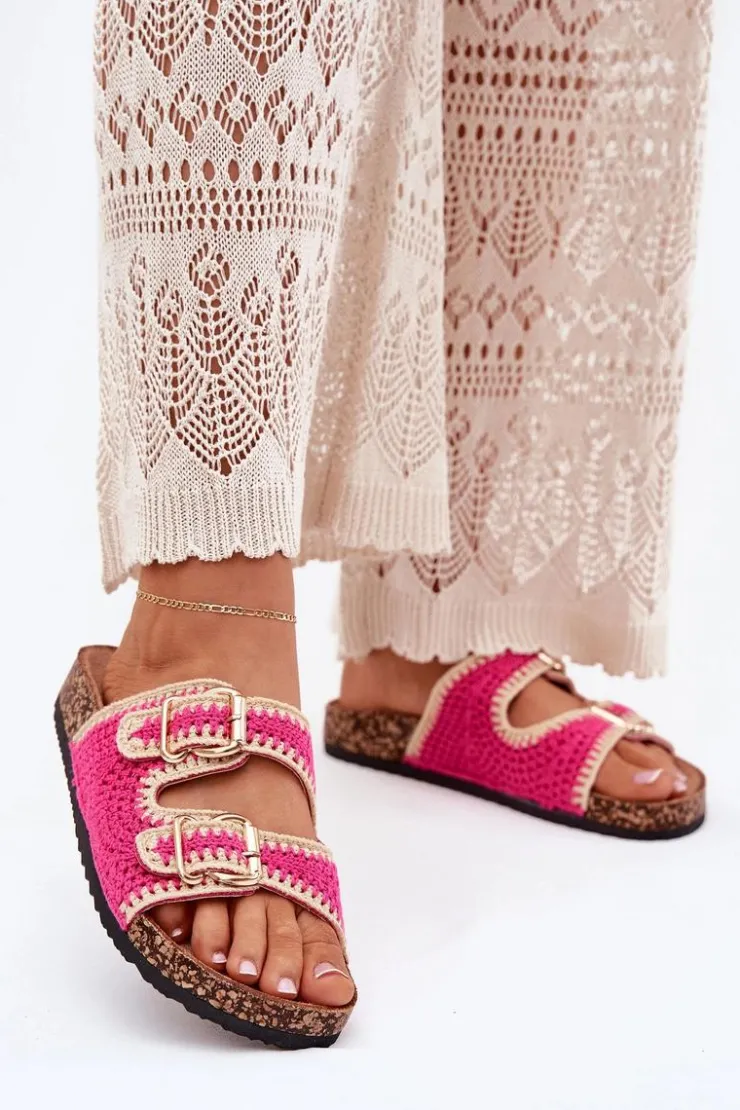 Boto Klapki Korkowe|Klapki Na Platformie*Szydełkowe Klapki Damskie Ze Złotymi Klamrami Fuksja Fenira Różowy