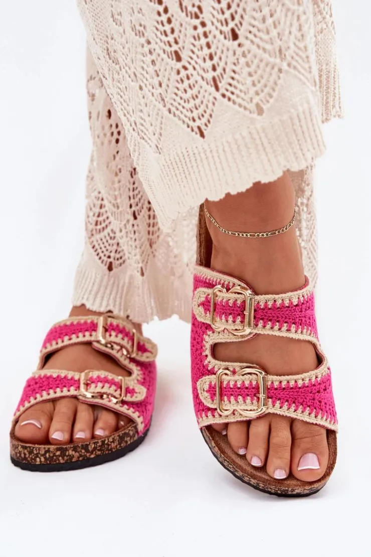 Boto Klapki Korkowe|Klapki Na Platformie*Szydełkowe Klapki Damskie Ze Złotymi Klamrami Fuksja Fenira Różowy