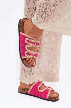 Boto Klapki Korkowe|Klapki Na Platformie*Szydełkowe Klapki Damskie Ze Złotymi Klamrami Fuksja Fenira Różowy