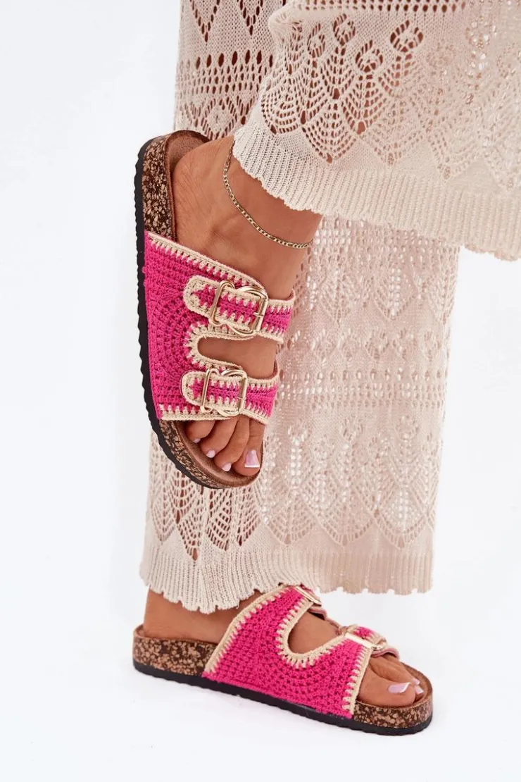 Boto Klapki Korkowe|Klapki Na Platformie*Szydełkowe Klapki Damskie Ze Złotymi Klamrami Fuksja Fenira Różowy