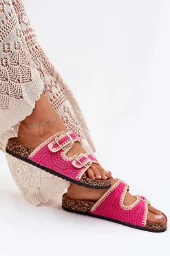 Boto Klapki Korkowe|Klapki Na Platformie*Szydełkowe Klapki Damskie Ze Złotymi Klamrami Fuksja Fenira Różowy