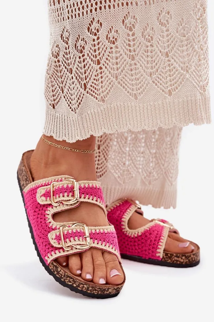 Boto Klapki Korkowe|Klapki Na Platformie*Szydełkowe Klapki Damskie Ze Złotymi Klamrami Fuksja Fenira Różowy