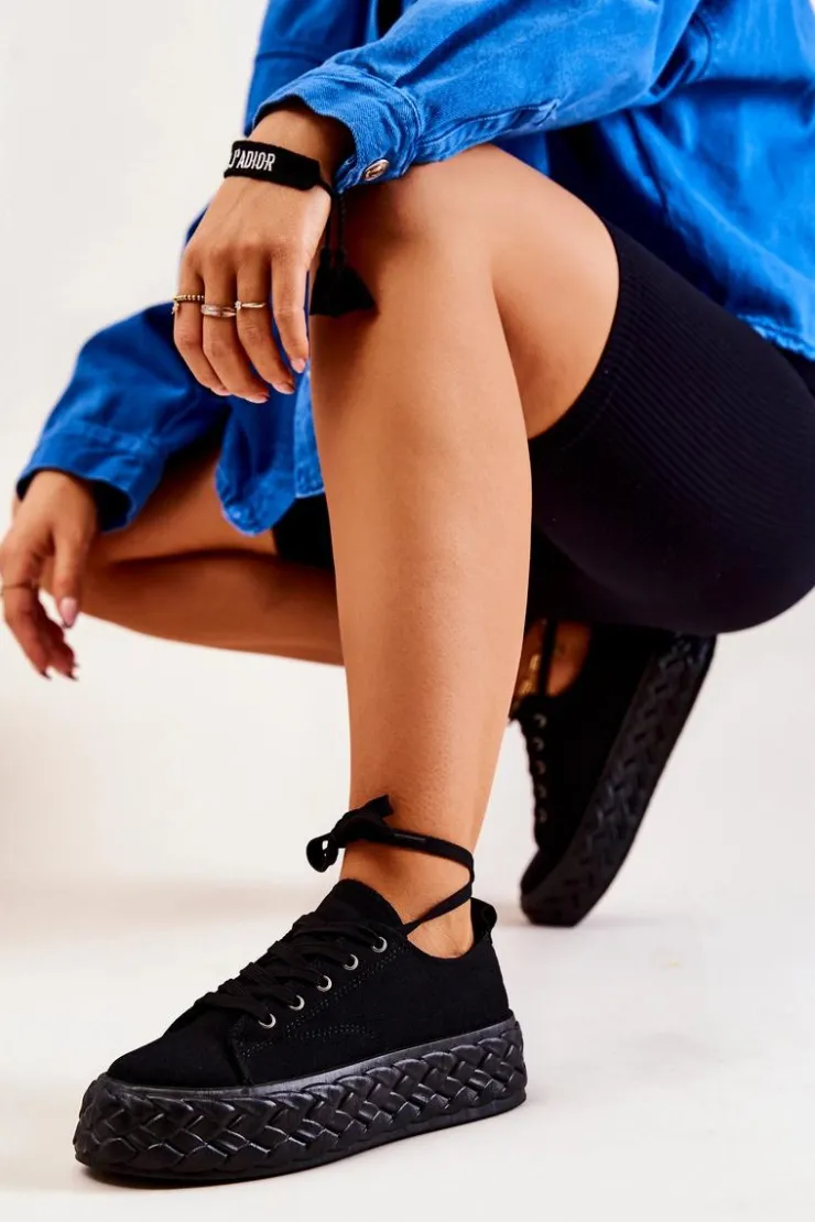 Damskie Boto Tenisówki Na Masywnej Platformie Czarne Suzane