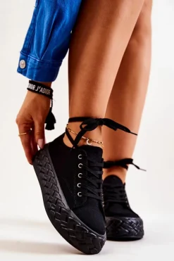 Damskie Boto Tenisówki Na Masywnej Platformie Czarne Suzane