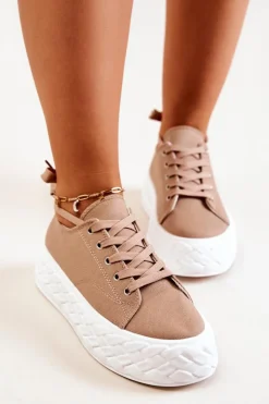 Damskie Boto Tenisówki Na Masywnej Platformie Beżowe Suzane