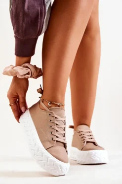 Damskie Boto Tenisówki Na Masywnej Platformie Beżowe Suzane