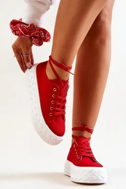 Boto Trampki Damskie Niskie*Tenisówki Na Masywnej Platformie Czerwone Suzane