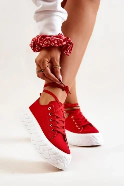 Boto Trampki Damskie Niskie*Tenisówki Na Masywnej Platformie Czerwone Suzane