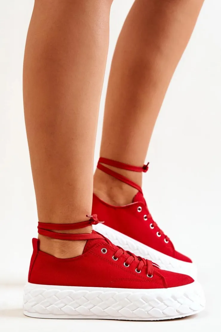 Boto Trampki Damskie Niskie*Tenisówki Na Masywnej Platformie Czerwone Suzane