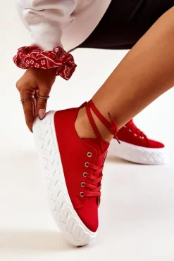 Boto Trampki Damskie Niskie*Tenisówki Na Masywnej Platformie Czerwone Suzane