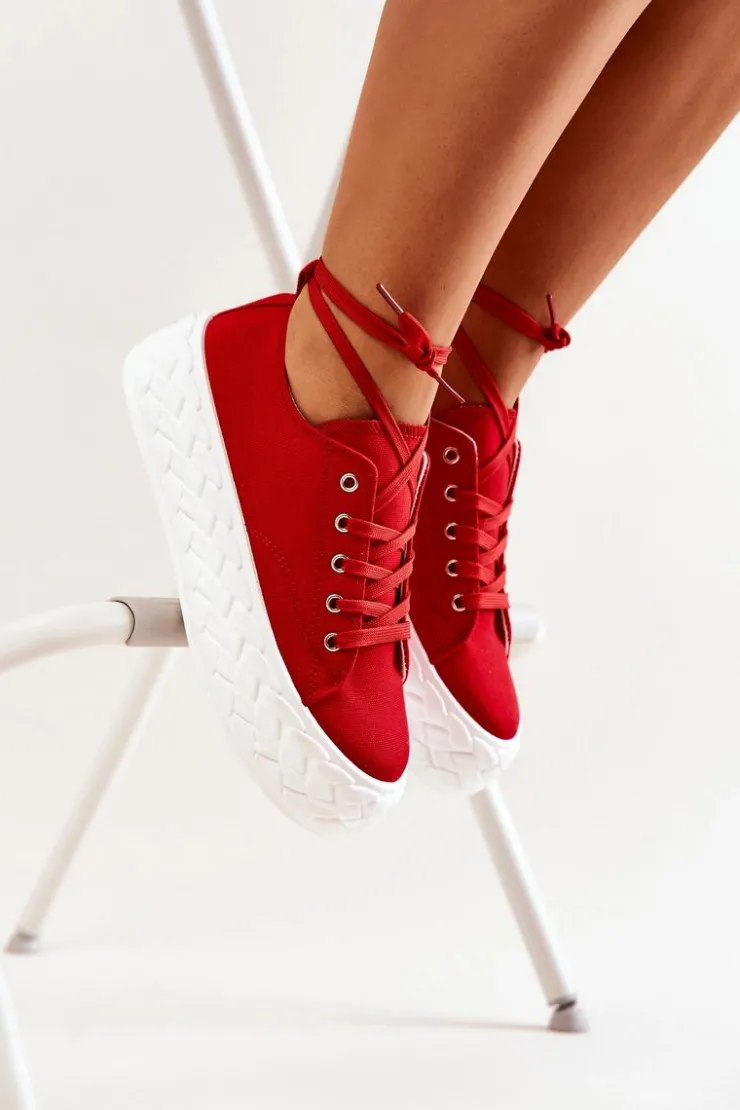 Boto Trampki Damskie Niskie*Tenisówki Na Masywnej Platformie Czerwone Suzane
