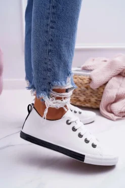 Clearance Boto Trampki Damskie Białe Czarny Pasek Nigrid2