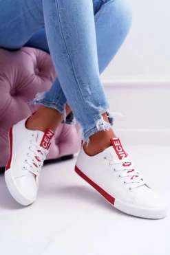 Damskie Boto Trampki Damskie Białe Czerwony Pasek Nigrid