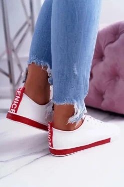 Damskie Boto Trampki Damskie Białe Czerwony Pasek Nigrid