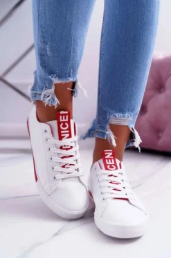 Damskie Boto Trampki Damskie Białe Czerwony Pasek Nigrid