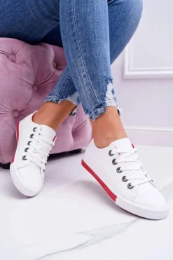 Boto Trampki Damskie Niskie*Trampki Damskie Białe Czerwony Pasek Nigrid2