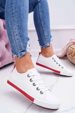 Boto Trampki Damskie Niskie*Trampki Damskie Białe Czerwony Pasek Nigrid2