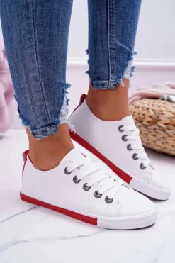 Boto Trampki Damskie Niskie*Trampki Damskie Białe Czerwony Pasek Nigrid2