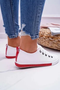 Boto Trampki Damskie Niskie*Trampki Damskie Białe Czerwony Pasek Nigrid2