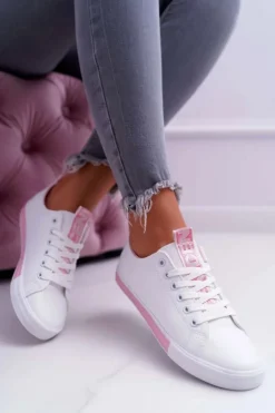 Boto Trampki Damskie Niskie*Trampki Damskie Białe Różowy Pasek Nigrid