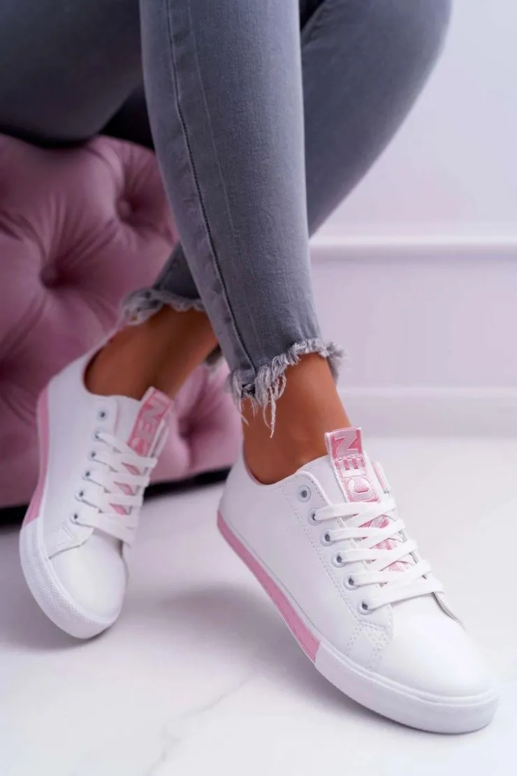 Boto Trampki Damskie Niskie*Trampki Damskie Białe Różowy Pasek Nigrid