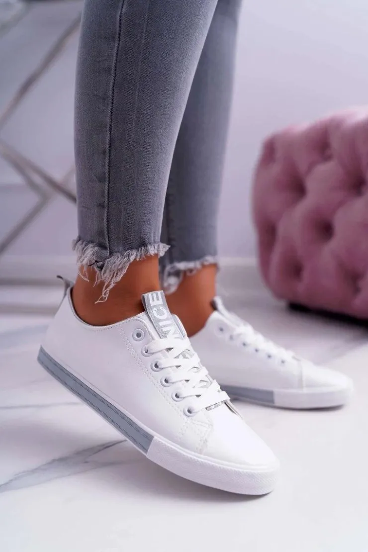 Boto Trampki Damskie Niskie*Trampki Damskie Białe Szary Pasek Nigrid