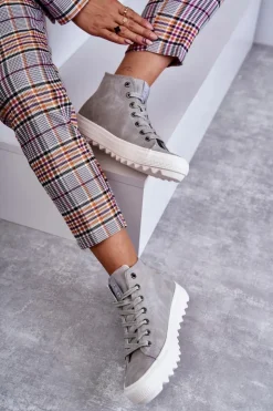 New Big Star Shoes Trampki Damskie Big Star Wysokie Ocieplane Szare EE274114 Szary