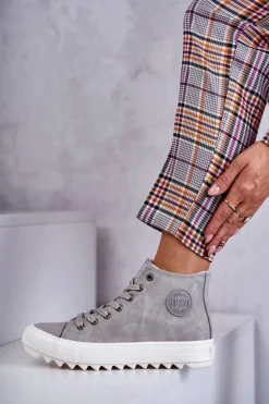New Big Star Shoes Trampki Damskie Big Star Wysokie Ocieplane Szare EE274114 Szary