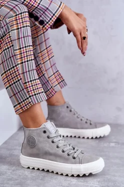 New Big Star Shoes Trampki Damskie Big Star Wysokie Ocieplane Szare EE274114 Szary